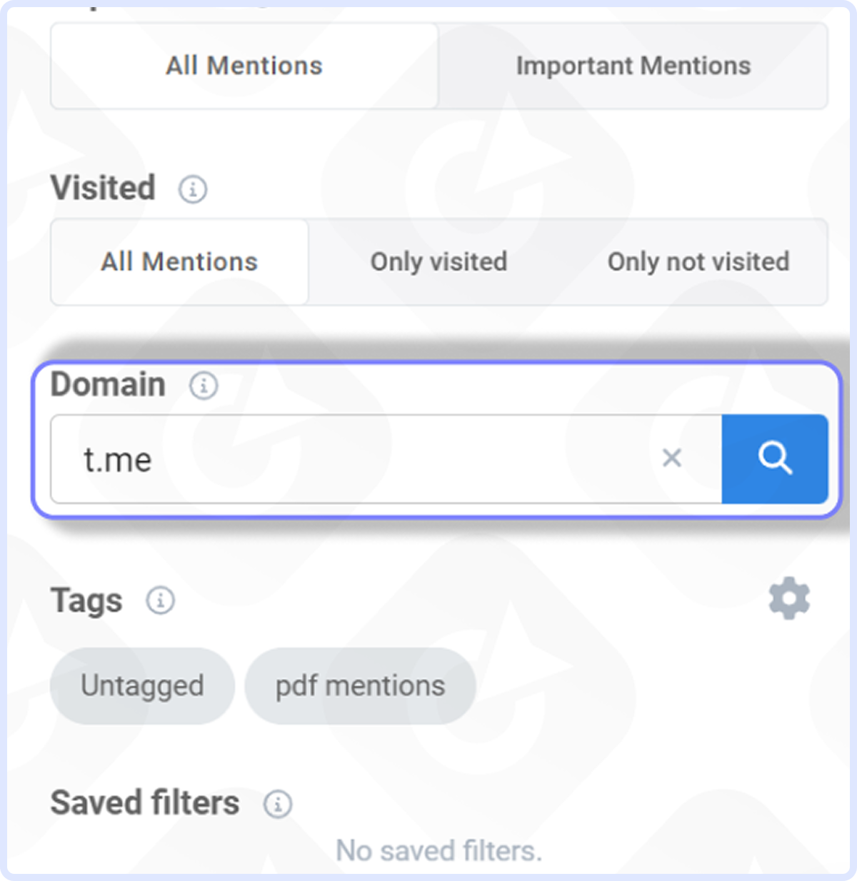 How to see results from Telegram channels in the dashboard in Brand24. Brand24 filter interface set to Telegram (t.me) for mentions.